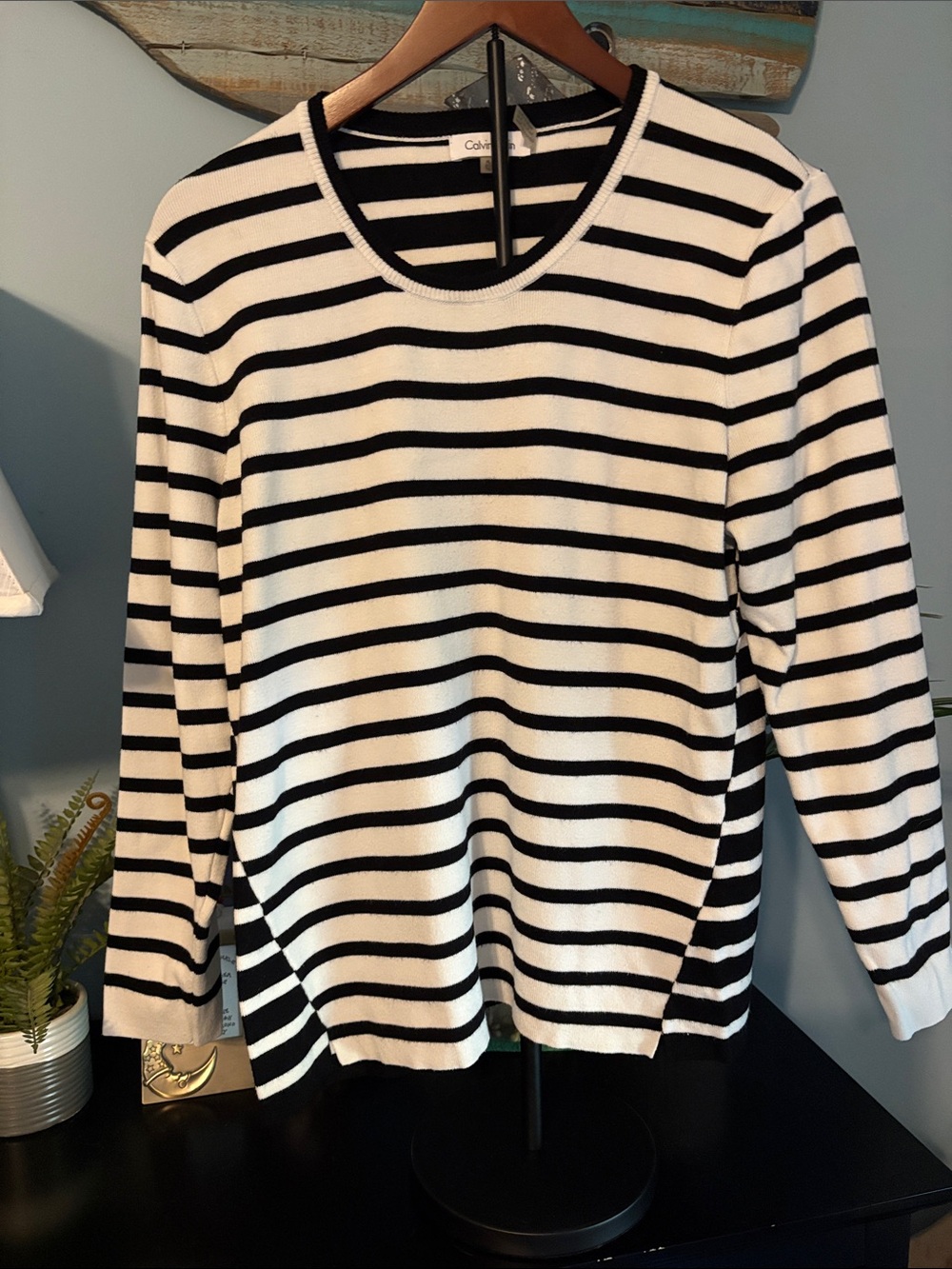 Calvin Klein Black and White Striped Long Sleeve Crewneck Sweater-Lightweight